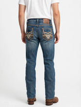 T&Y Jeans MD-1016 Mid Blue Jeans on model, back view with cowboy boots
