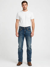 T&Y Jeans MD-1016 Mid Blue Jeans on model, front view with cowboy boots
